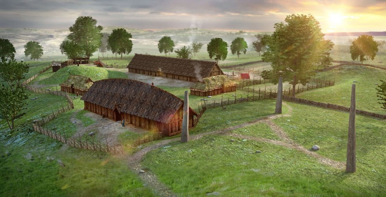 The first royal seat at Avaldsnes, about 300 AD. To the left; Hall facing the strait Karmsund: Center of the picture; large long house. The triangular stone setting with bautas is the oldest one we know in Norway and the highest erected stones in Scandinavia